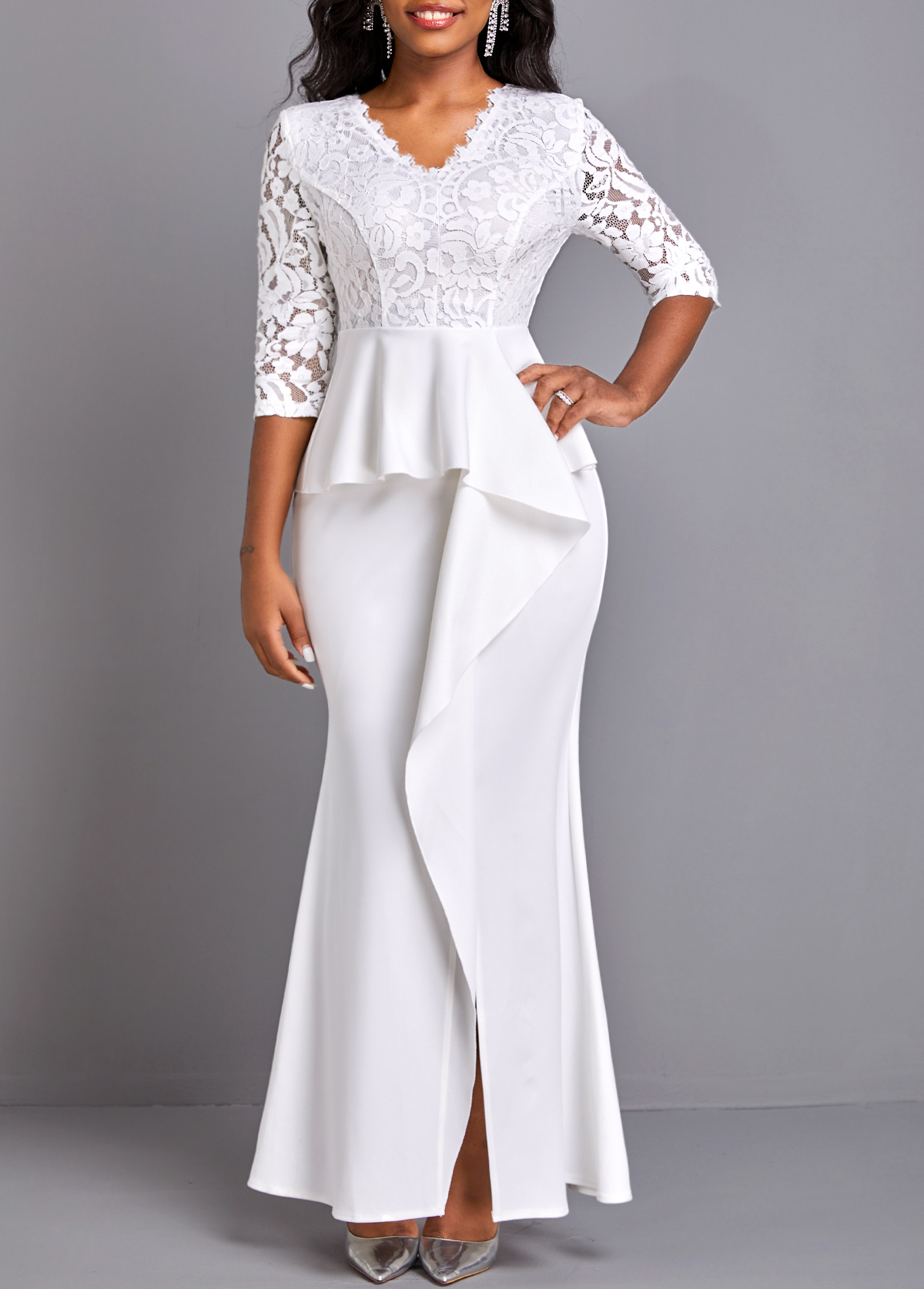 Lace Trim White Peplum Waist Maxi Dress