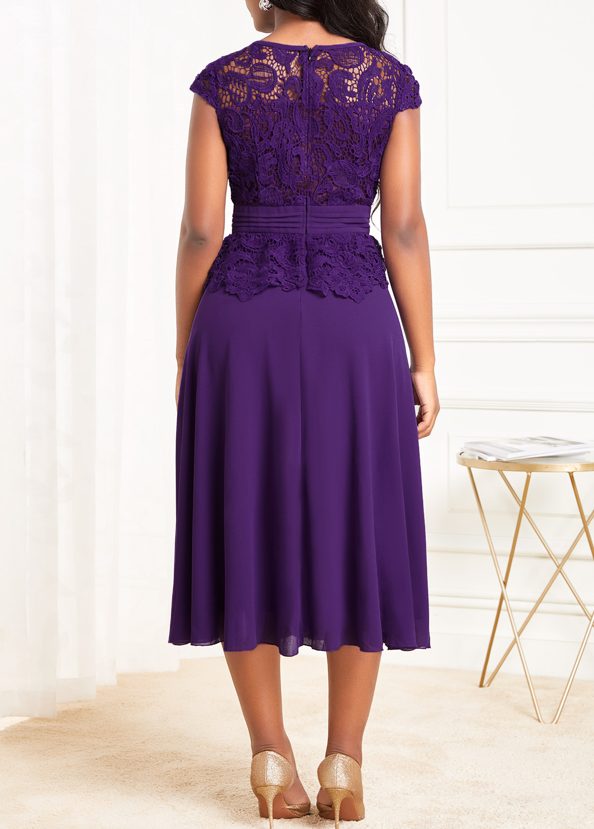 Lace Round Neck Purple Cap Sleeve Dress
