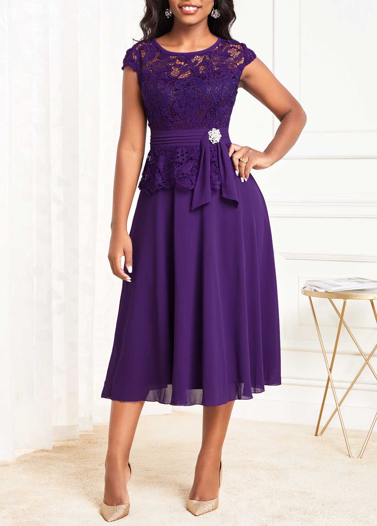 Lace Round Neck Purple Cap Sleeve Dress