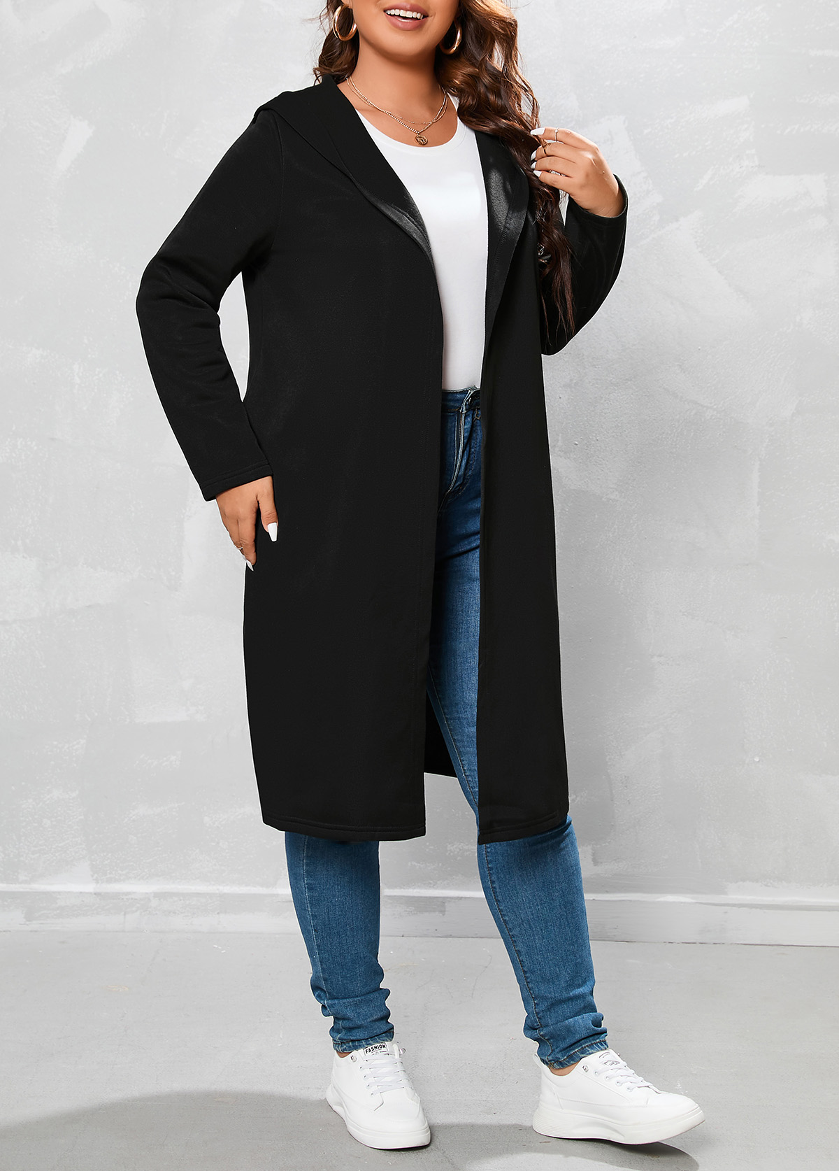 Plus Size Black Long Sleeve Hooded Coat