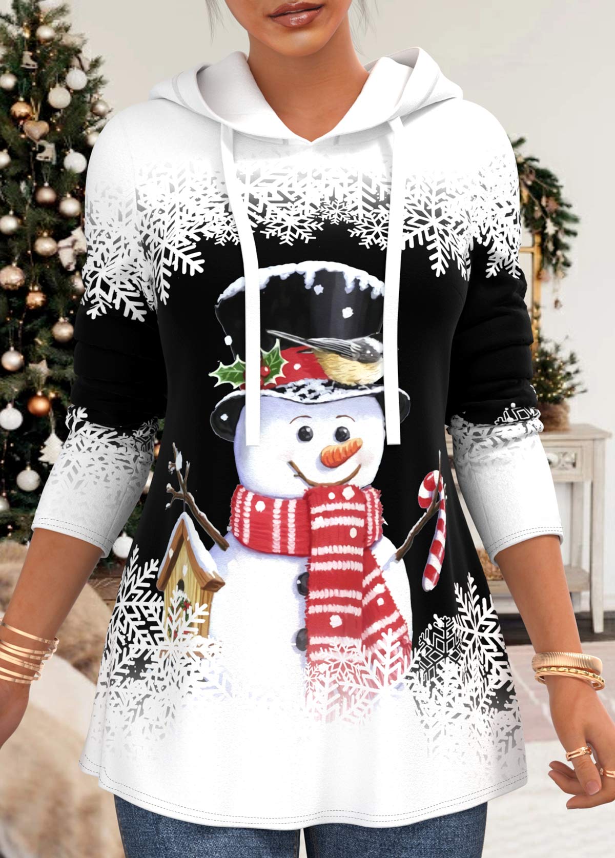 Plus Size Black Christmas Snowman Print Drawstring Hoodie