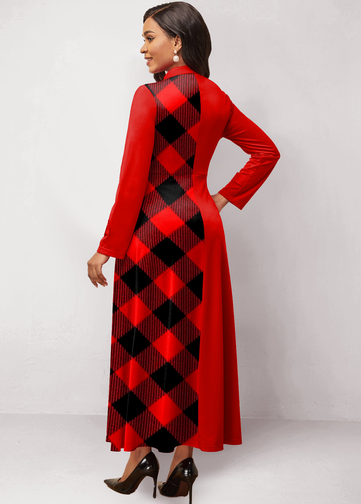 Plaid Patchwork Red Stand Collar Maxi Dress