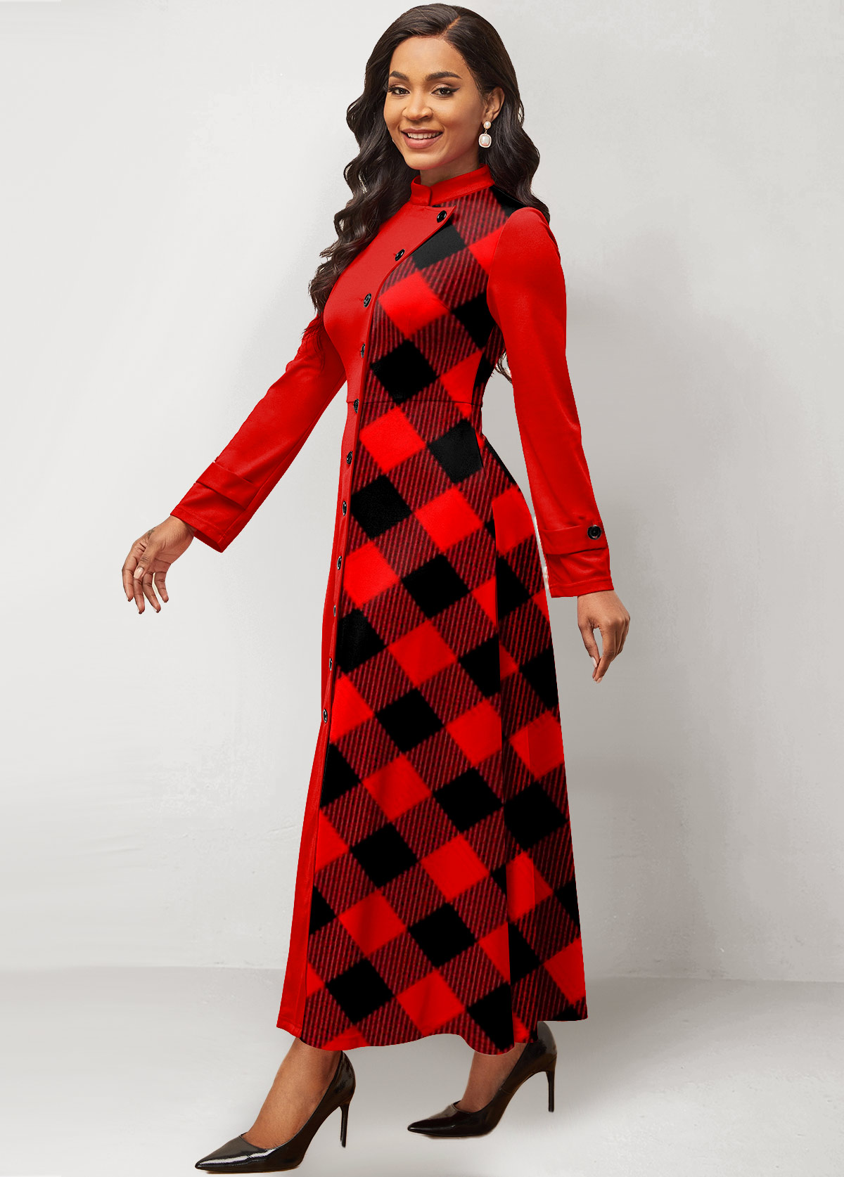 Plaid Patchwork Red Stand Collar Maxi Dress