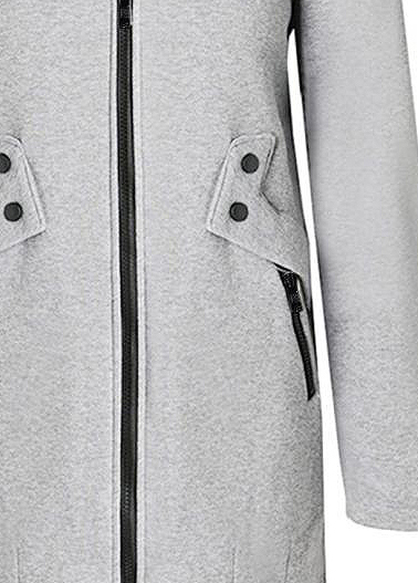 Pocket Hooded Grey Long Sleeve Coat
