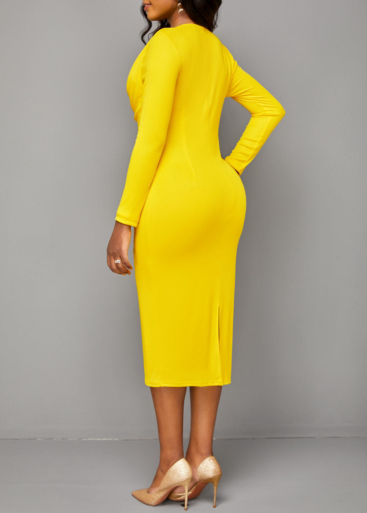 V Neck Split Yellow Long Sleeve Bodycon Dress
