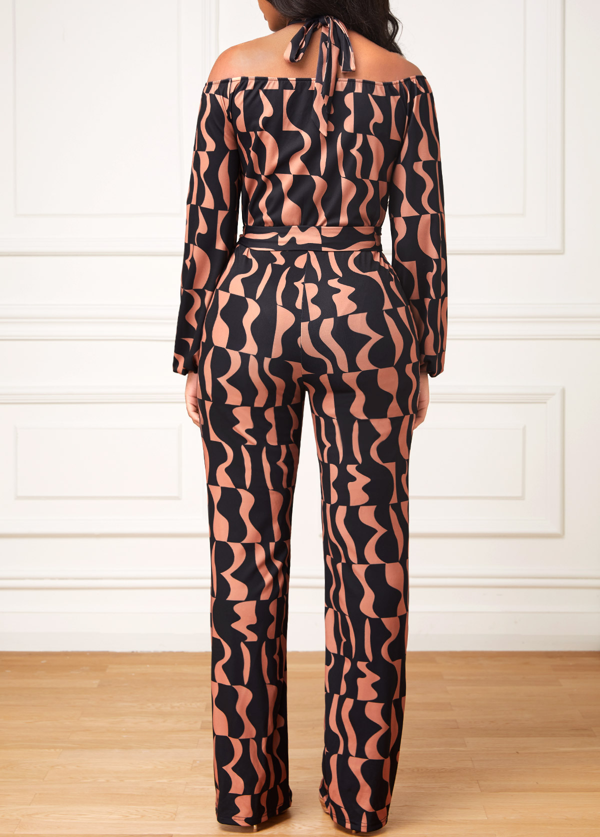 Geometric Print Cut Out Belted Dark Coffee Jumpsuit