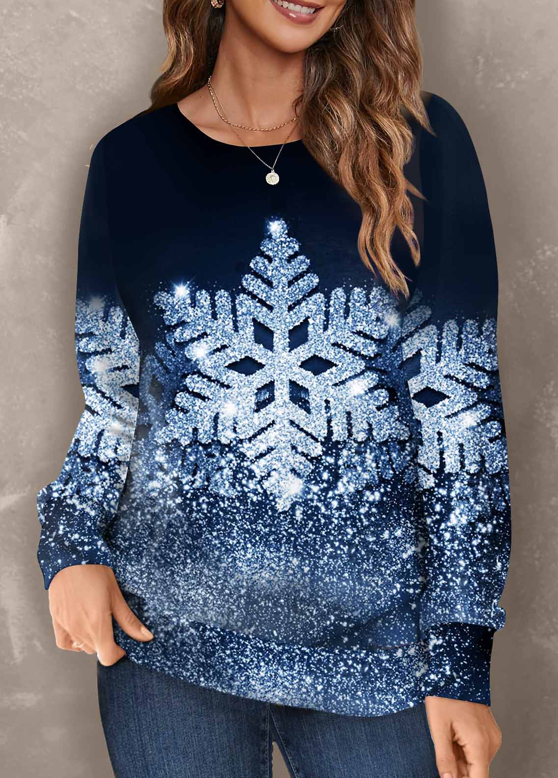 Snowflake Print Round Neck Blue Long Sleeve Sweatshirt