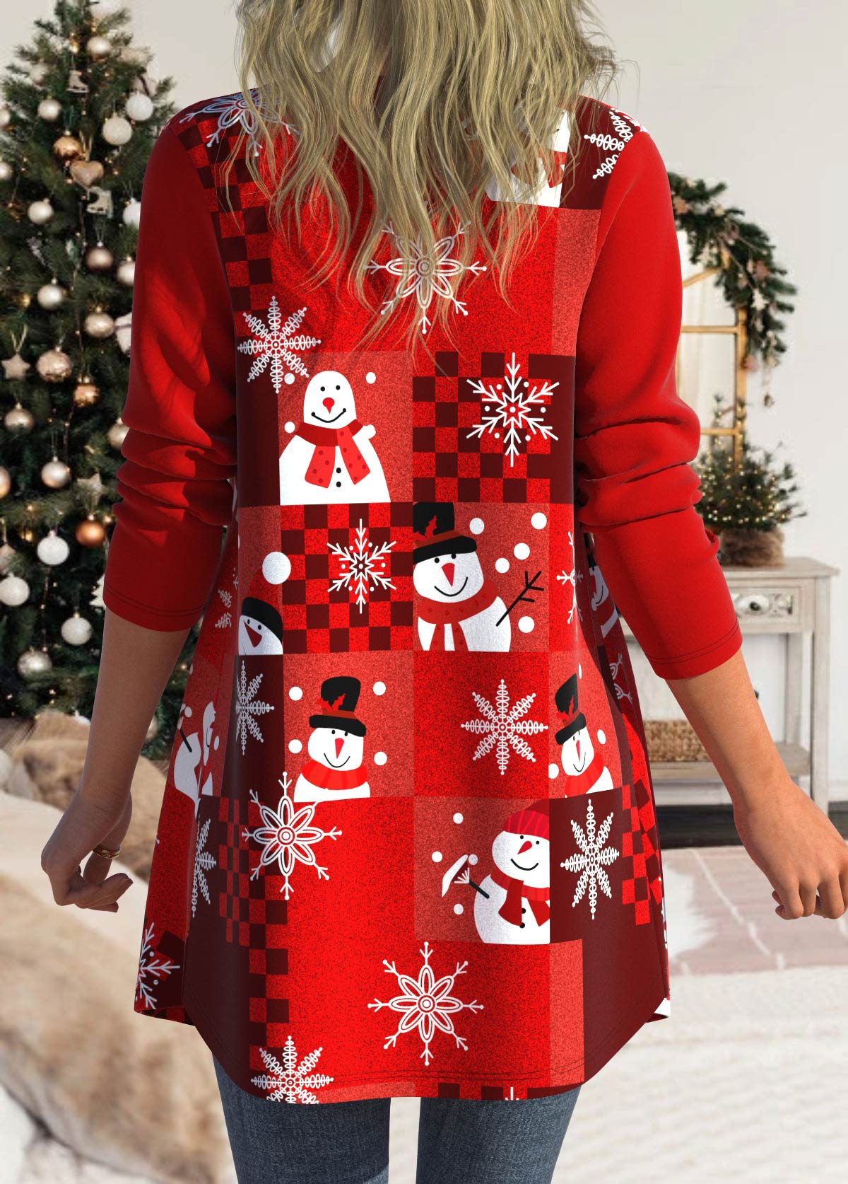 Christmas Snowman Print Long Sleeve Red Patchwork Coat