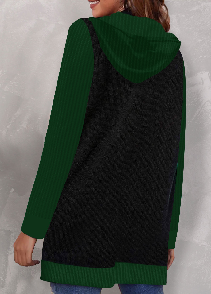 Christmas Print Pocket Green Hooded Long Sleeve Coat