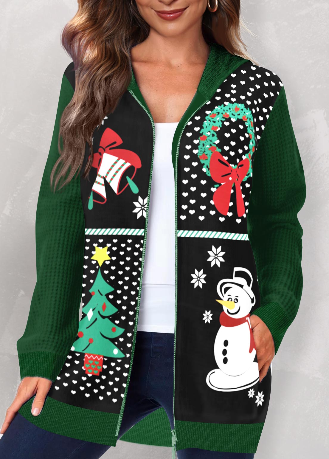 Christmas Print Pocket Green Hooded Long Sleeve Coat