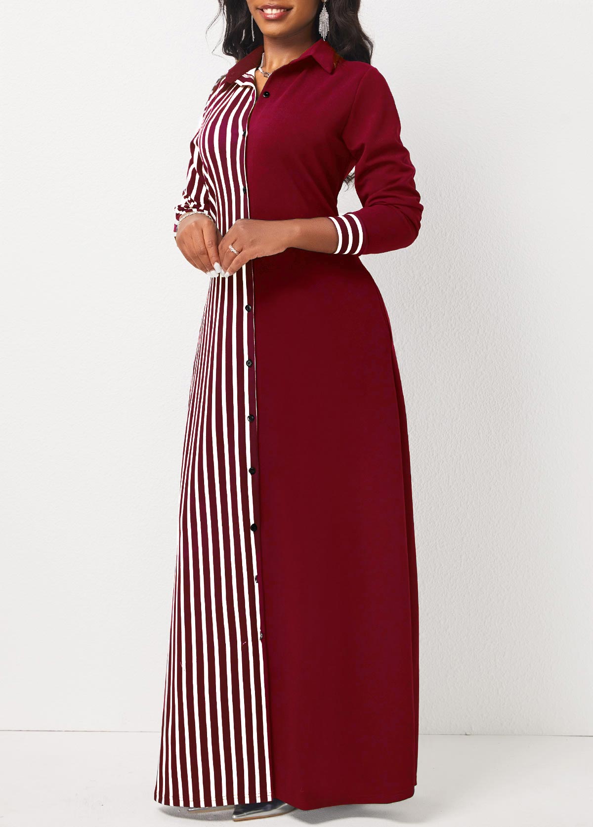 Pocket Wine Red Striped Maxi Dress