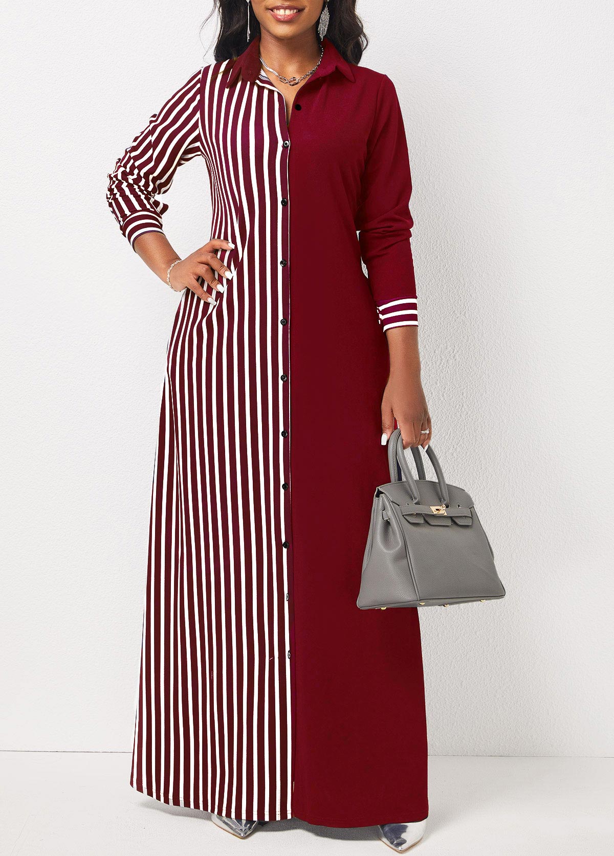 Pocket Wine Red Striped Maxi Dress