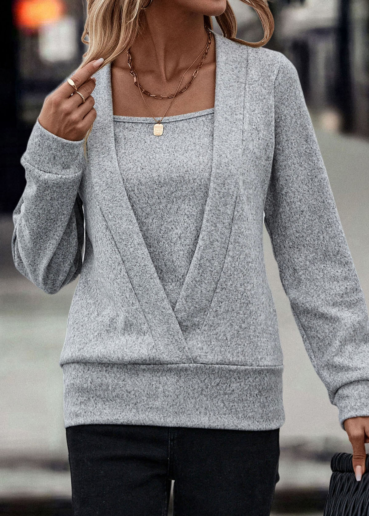 Long Sleeve Fake 2in1 Grey Sweatshirt