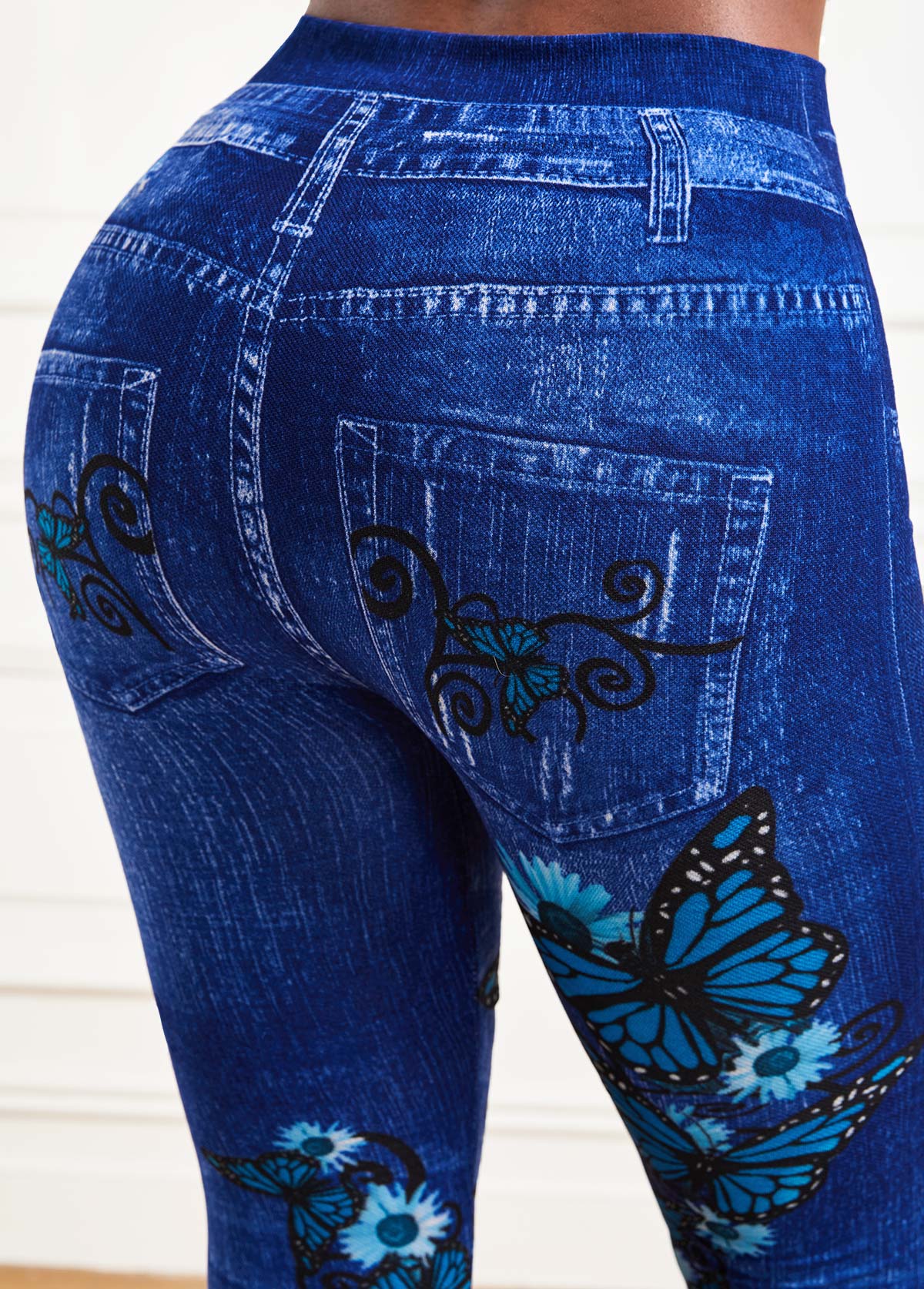 Butterfly Print Blue Elastic Detail High Waisted Leggings