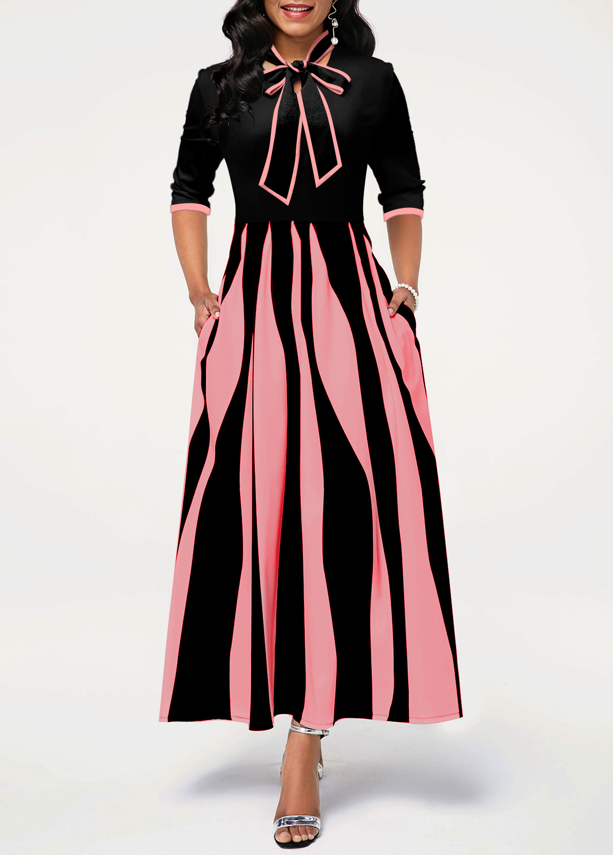 Geometric Print 3/4 Sleeve Pink Pocket Dress