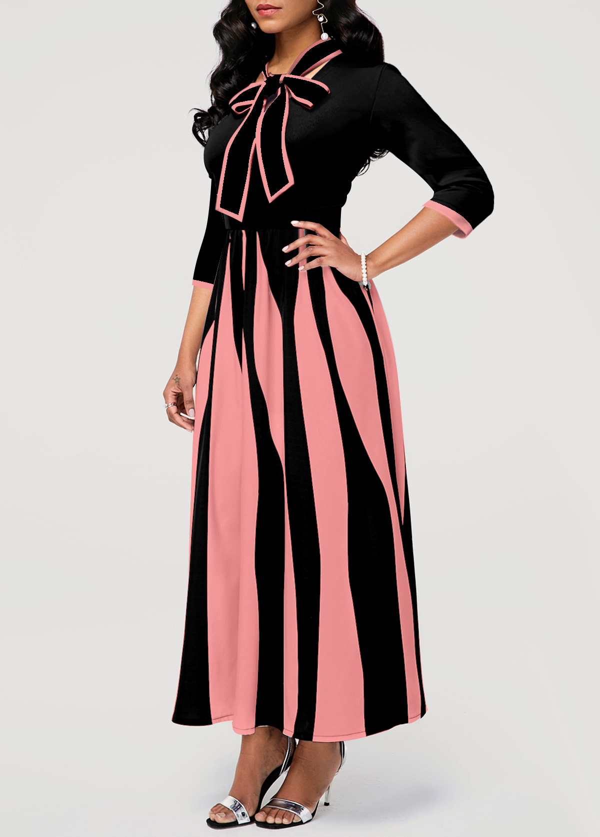Geometric Print 3/4 Sleeve Pink Pocket Dress