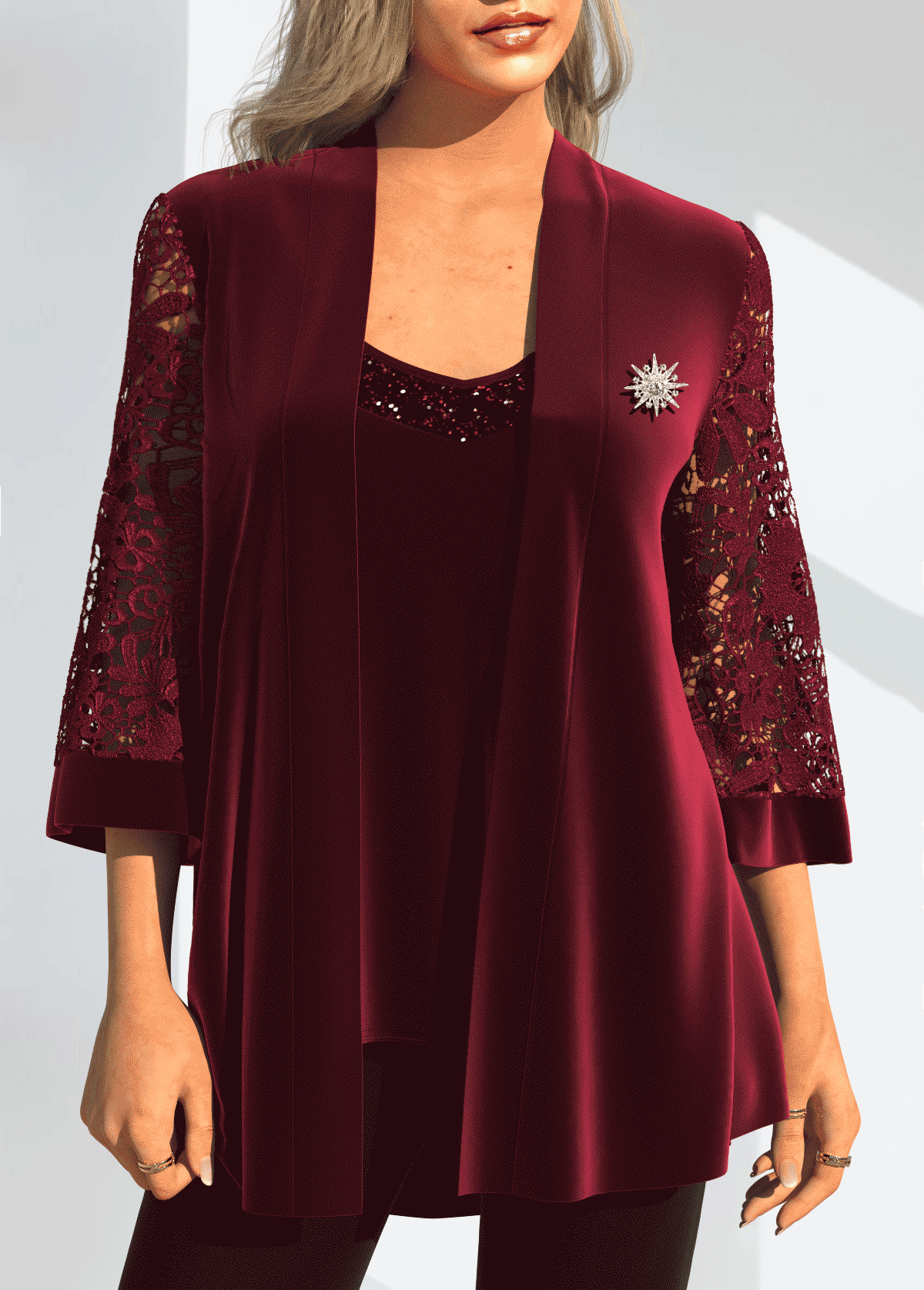 Lace Stitching 3/4 Sleeve Red Coat and Camisole Top