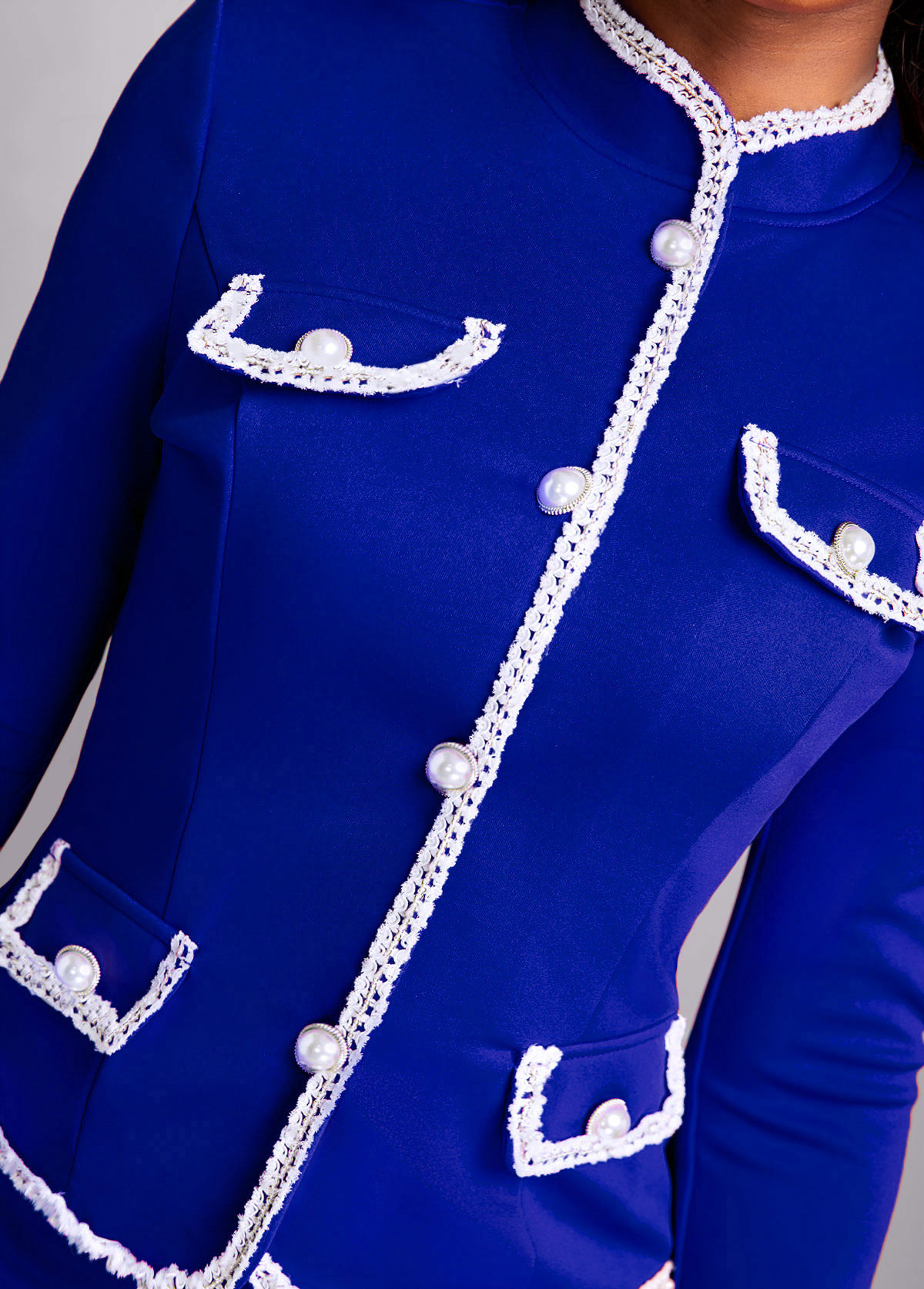 Contrast Binding Royal Blue Lace Two Piece Suit