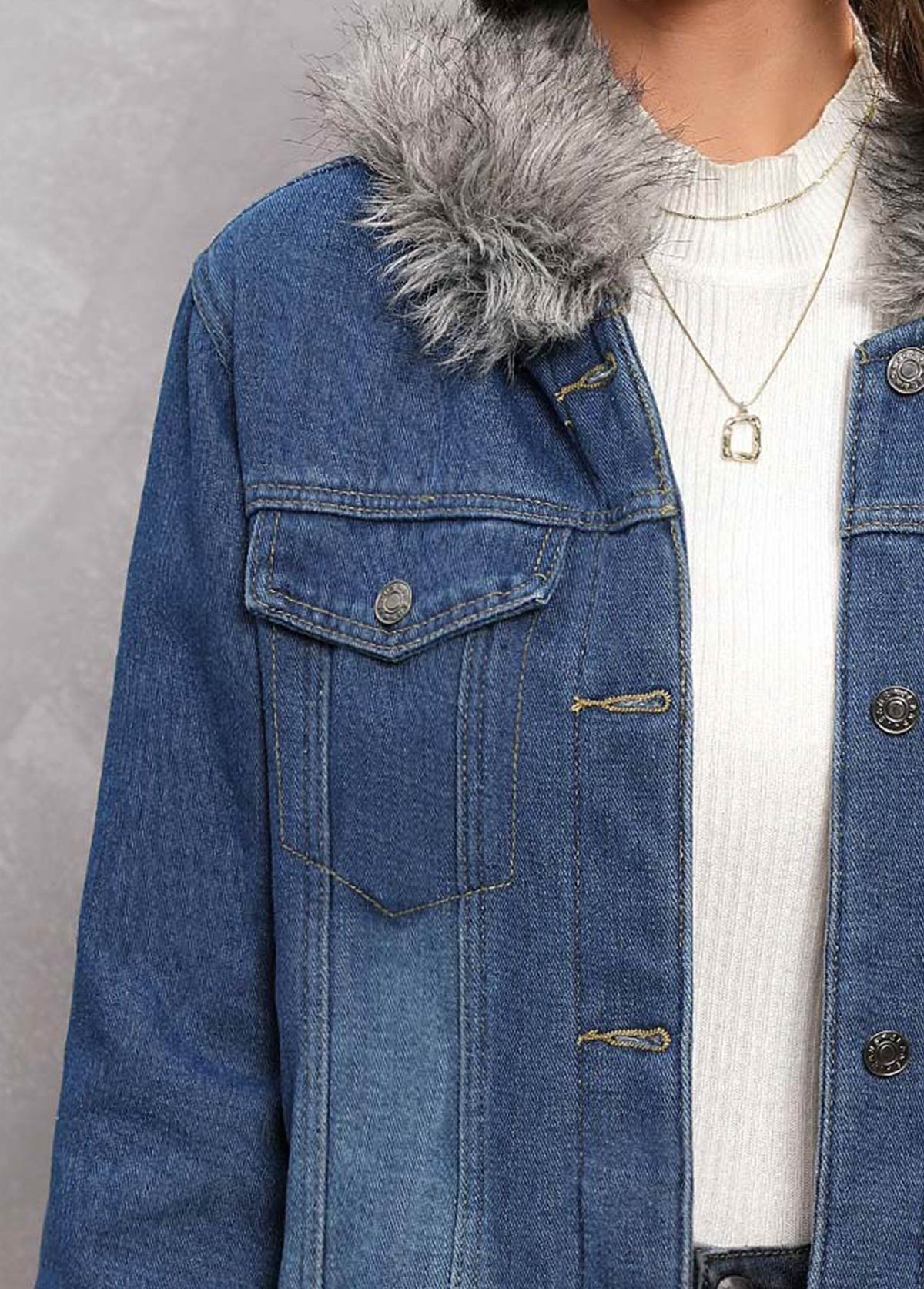 Denim Blue Hooded Fur Collar Long Sleeve Coat