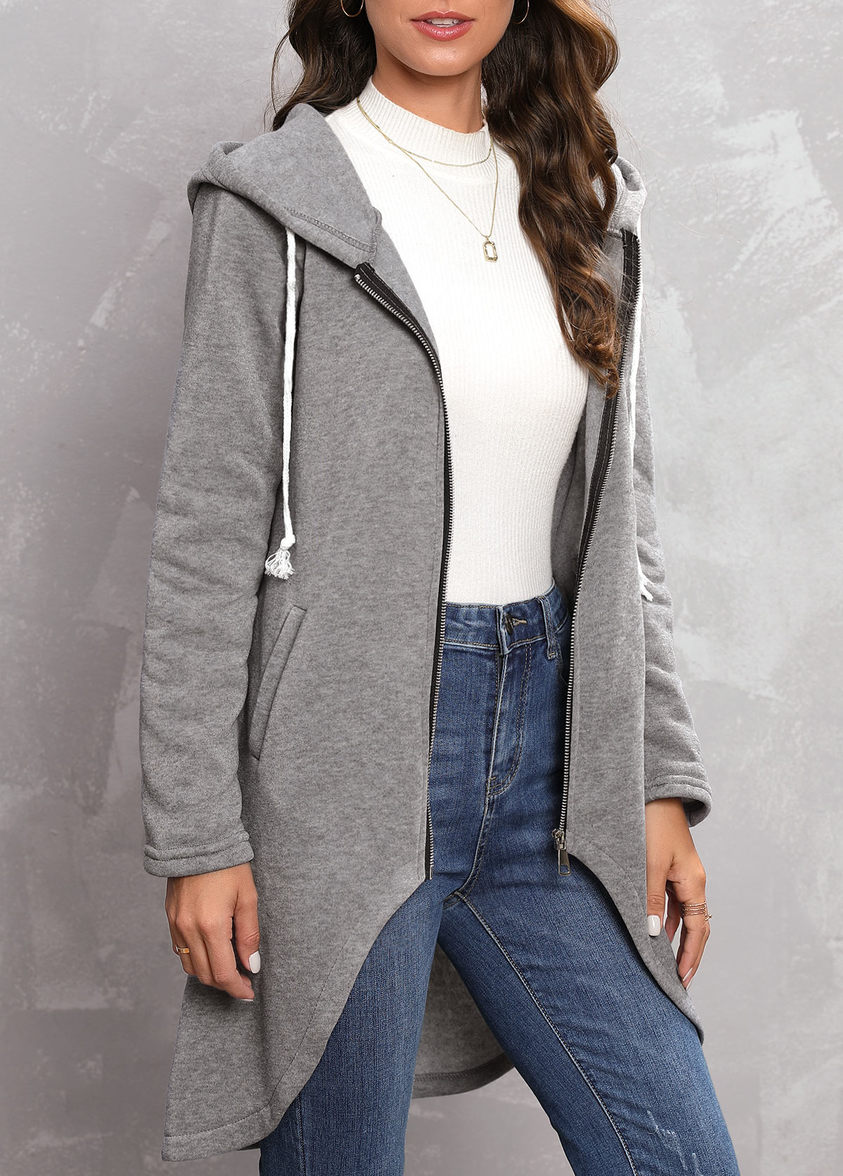 Zipper Grey Long Sleeve Hooded Coat