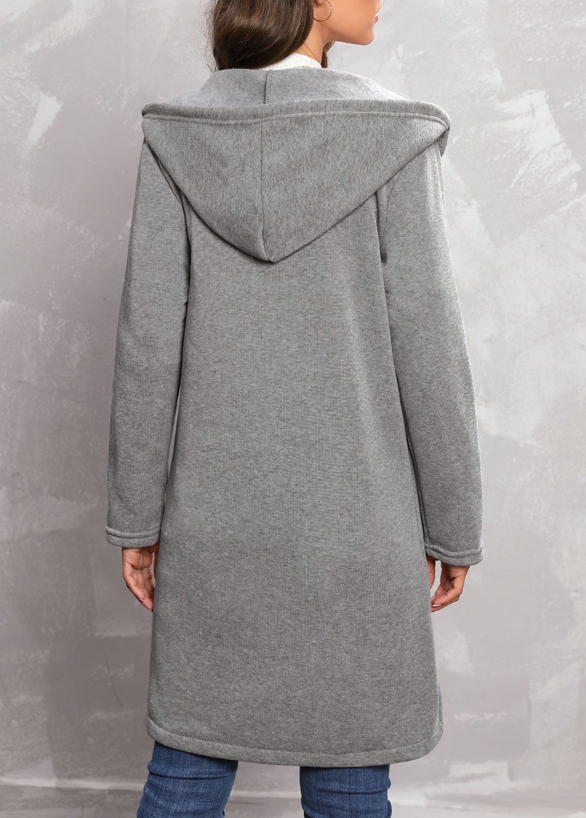 Zipper Grey Long Sleeve Hooded Coat