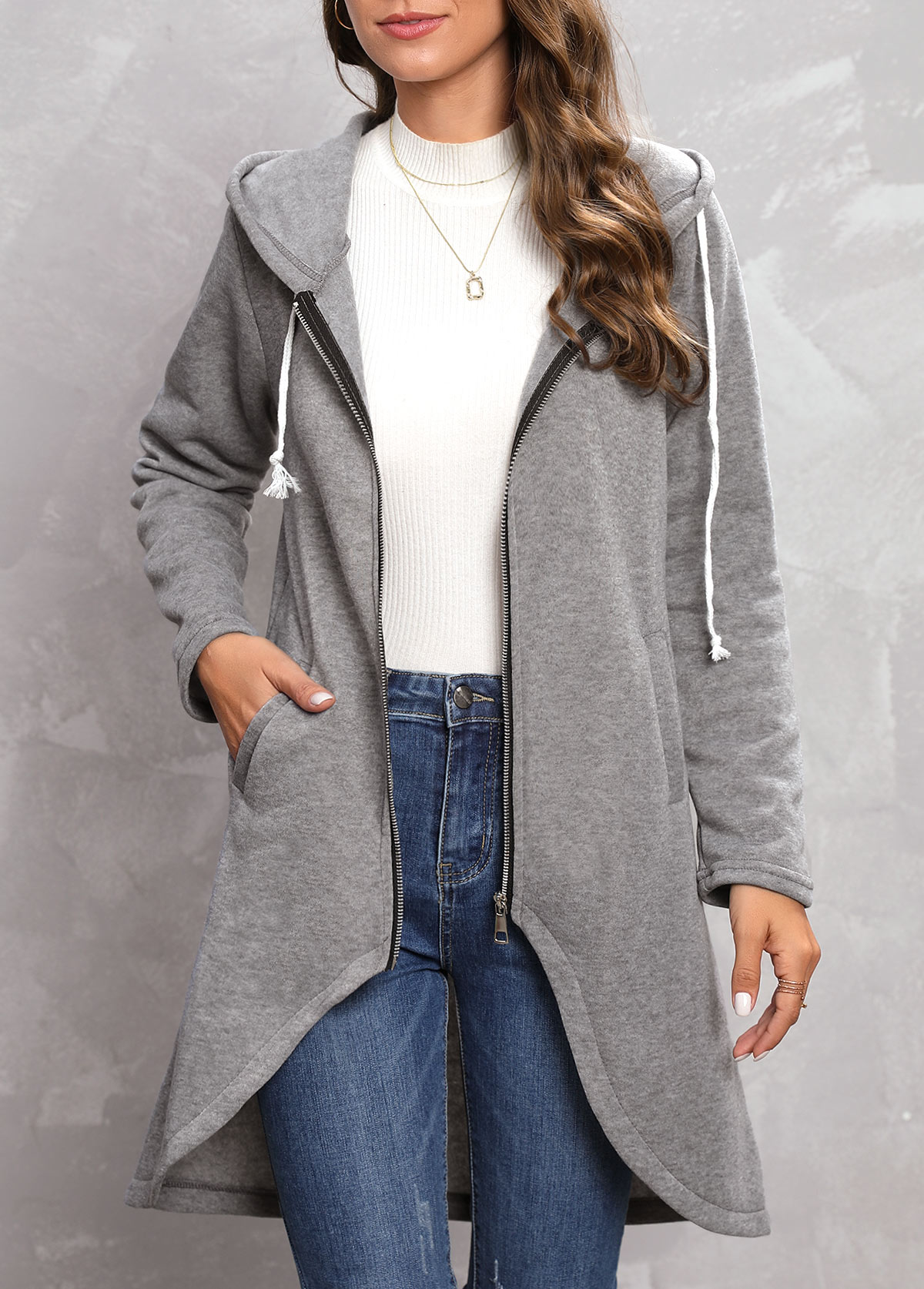 Zipper Grey Long Sleeve Hooded Coat