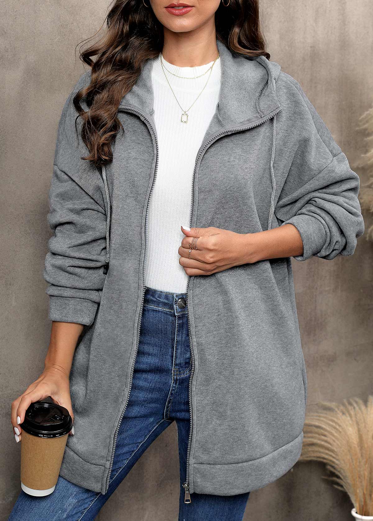 Grey Hooded Long Sleeve Zipper Coat