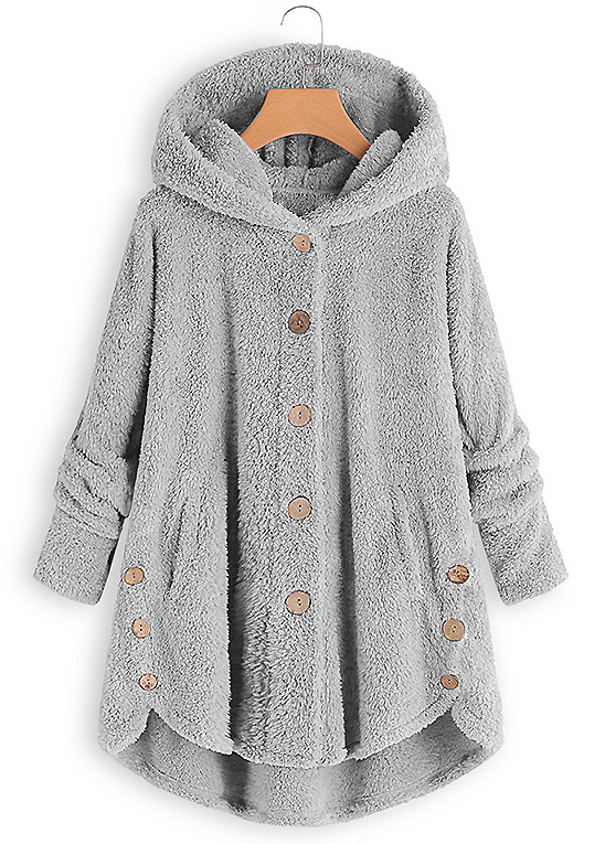 Button Hooded Long Sleeve Grey Coat