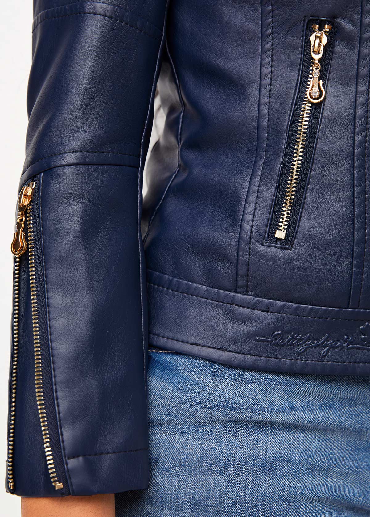 Zipper Stand Collar Long Sleeve Navy Jacket