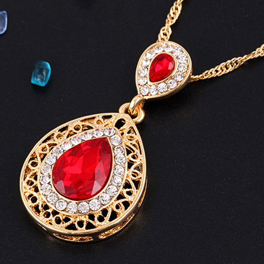 Teardrop Rhinestone Design Hollow Red Earrings and Necklace