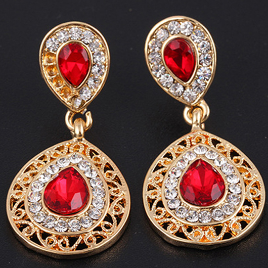 Teardrop Rhinestone Design Hollow Red Earrings and Necklace