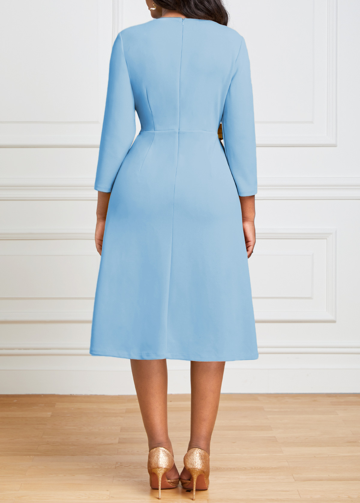 Pleated Light Blue Square Neck Dress USD 29.98