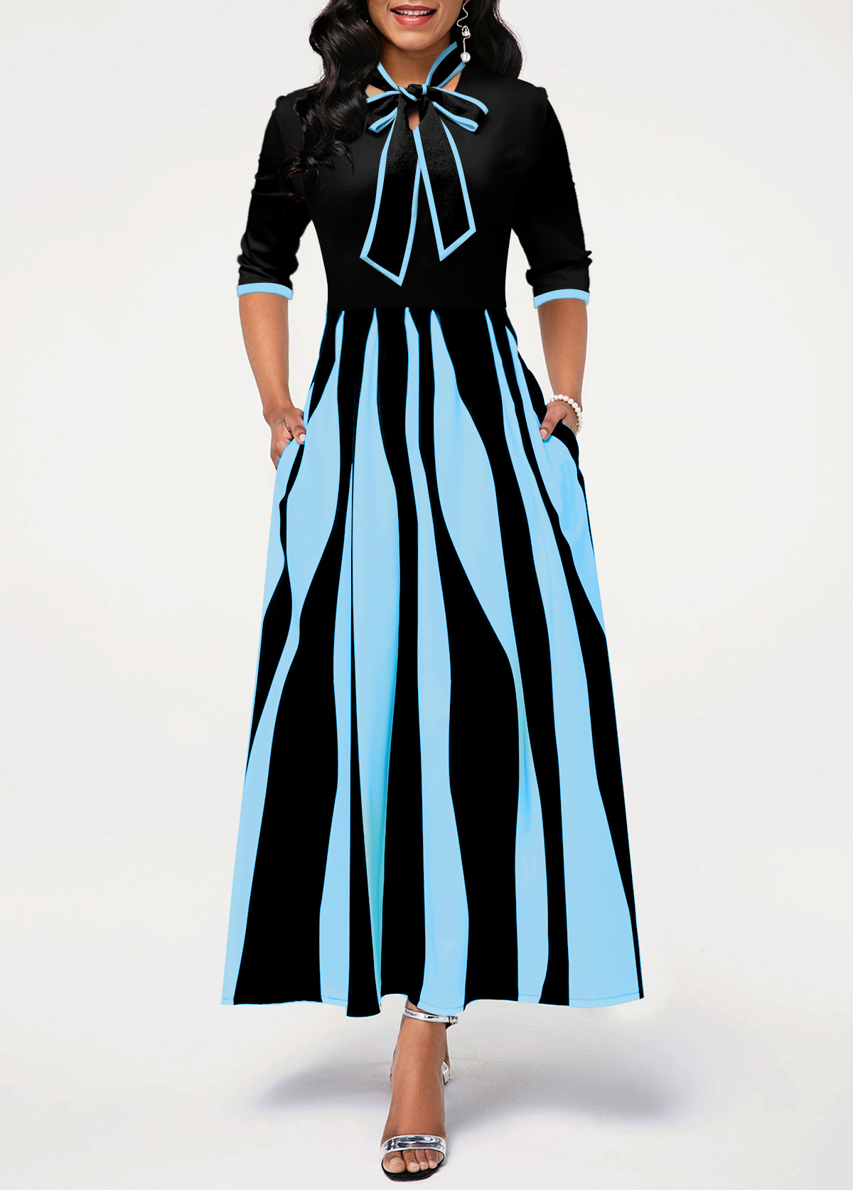 Geometric Print Pocket Light Blue Maxi Dress