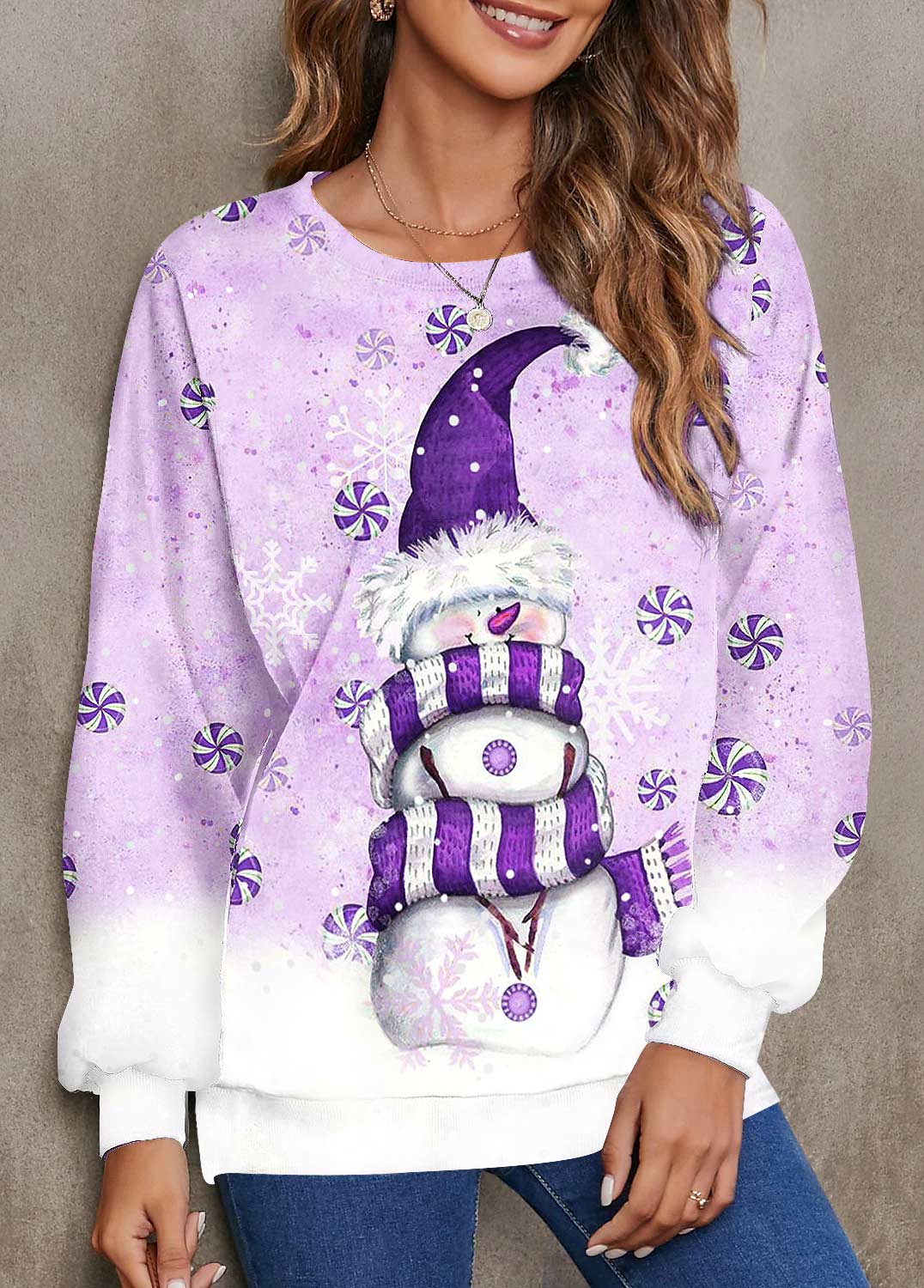Christmas Snowman Print Purple Long Sleeve Sweatshirt