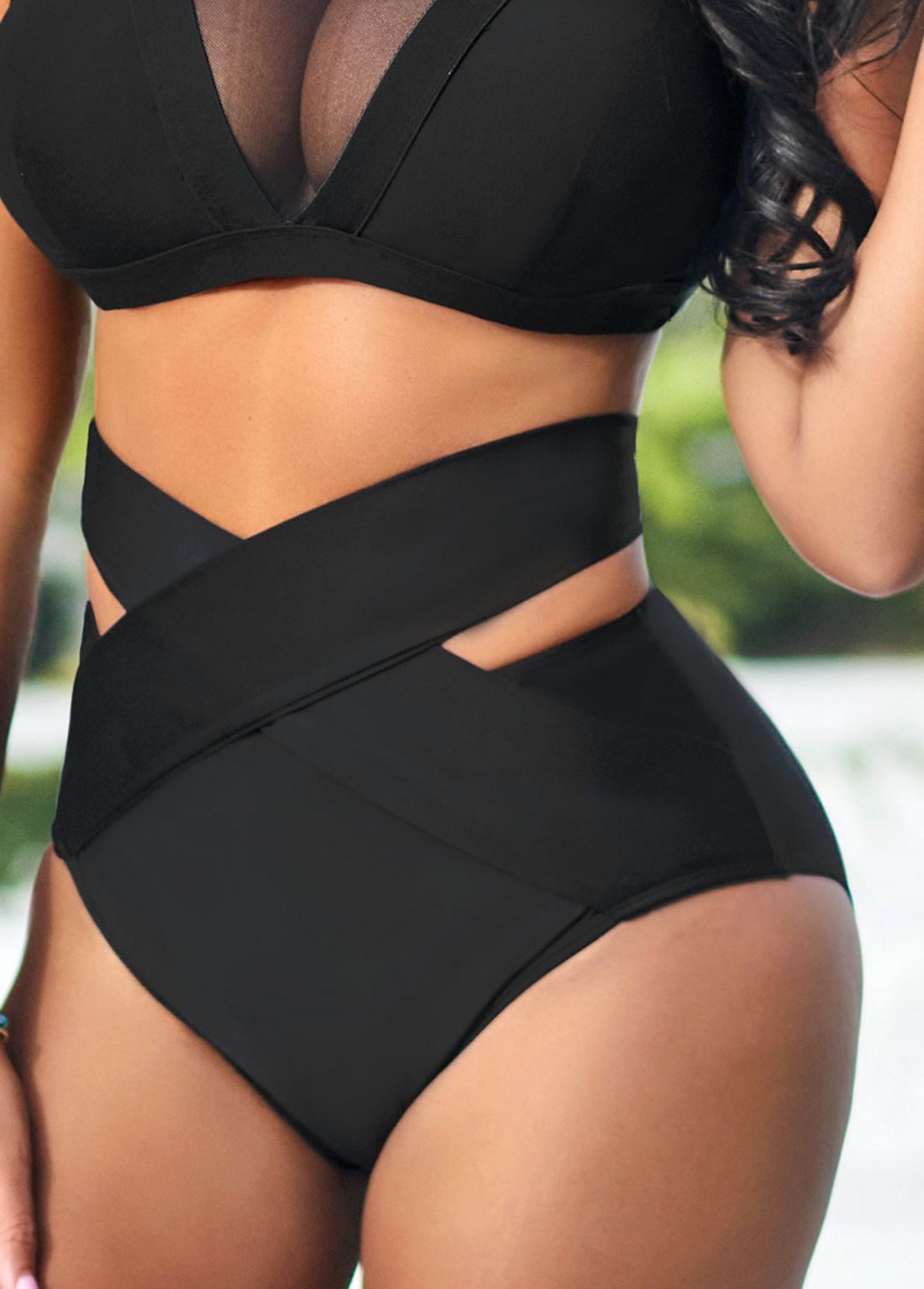 Sheer Mesh Patchwork Black Bikini Set