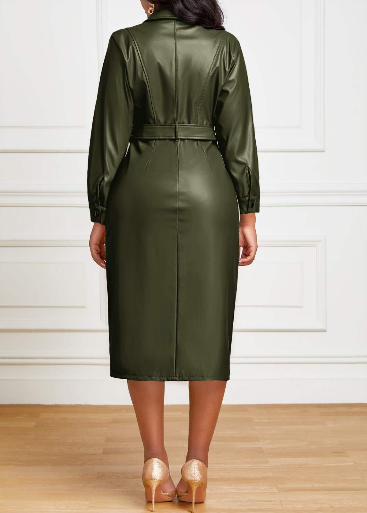 Belted Blackish Green Long Sleeve Bodycon Dress