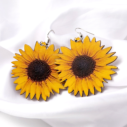 1 Pair Wood Yellow Sunflower Design Earrings