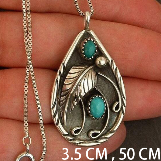 Teardrop Turquoise Feather Design Metal Necklace