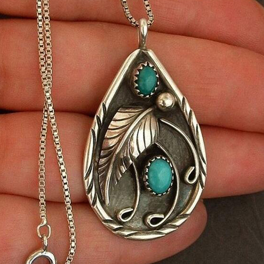 Teardrop Turquoise Feather Design Metal Necklace
