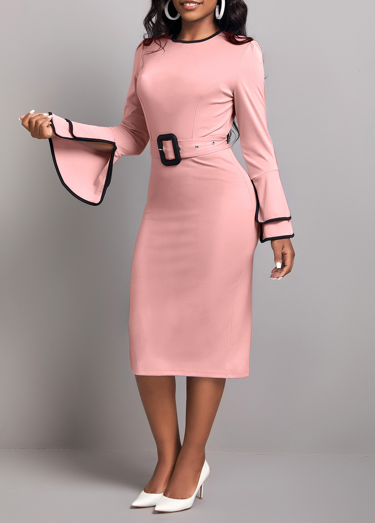 Belted Dusty Pink Round Neck Dress