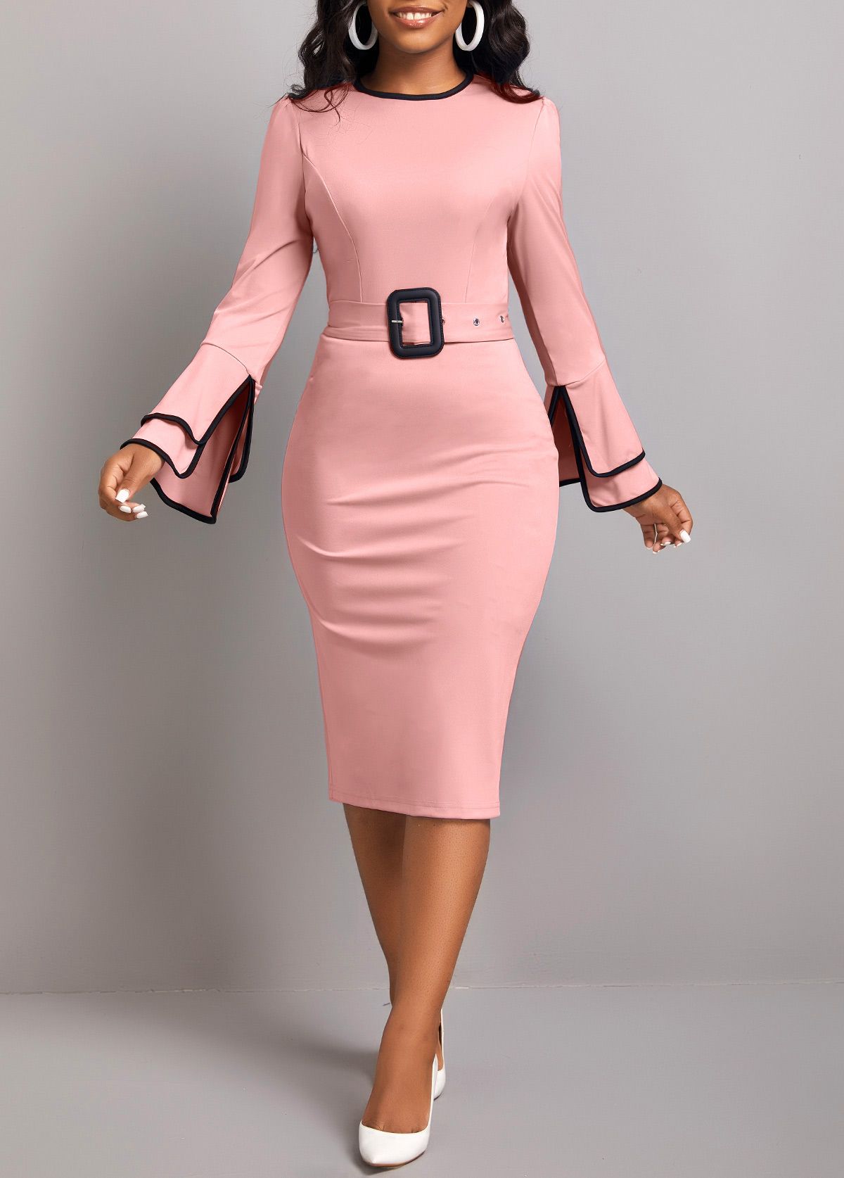 Belted Dusty Pink Round Neck Dress