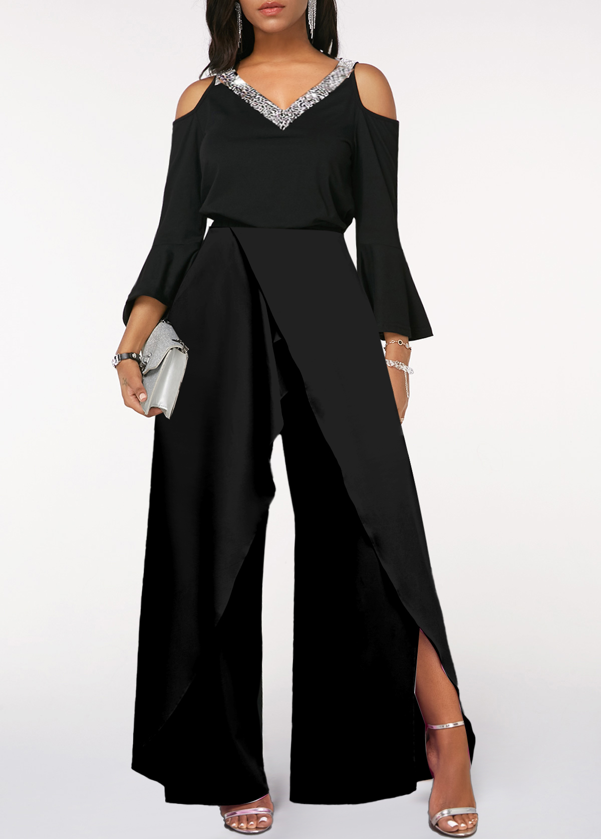 Sequin Long Sleeve Black V Neck Jumpsuit