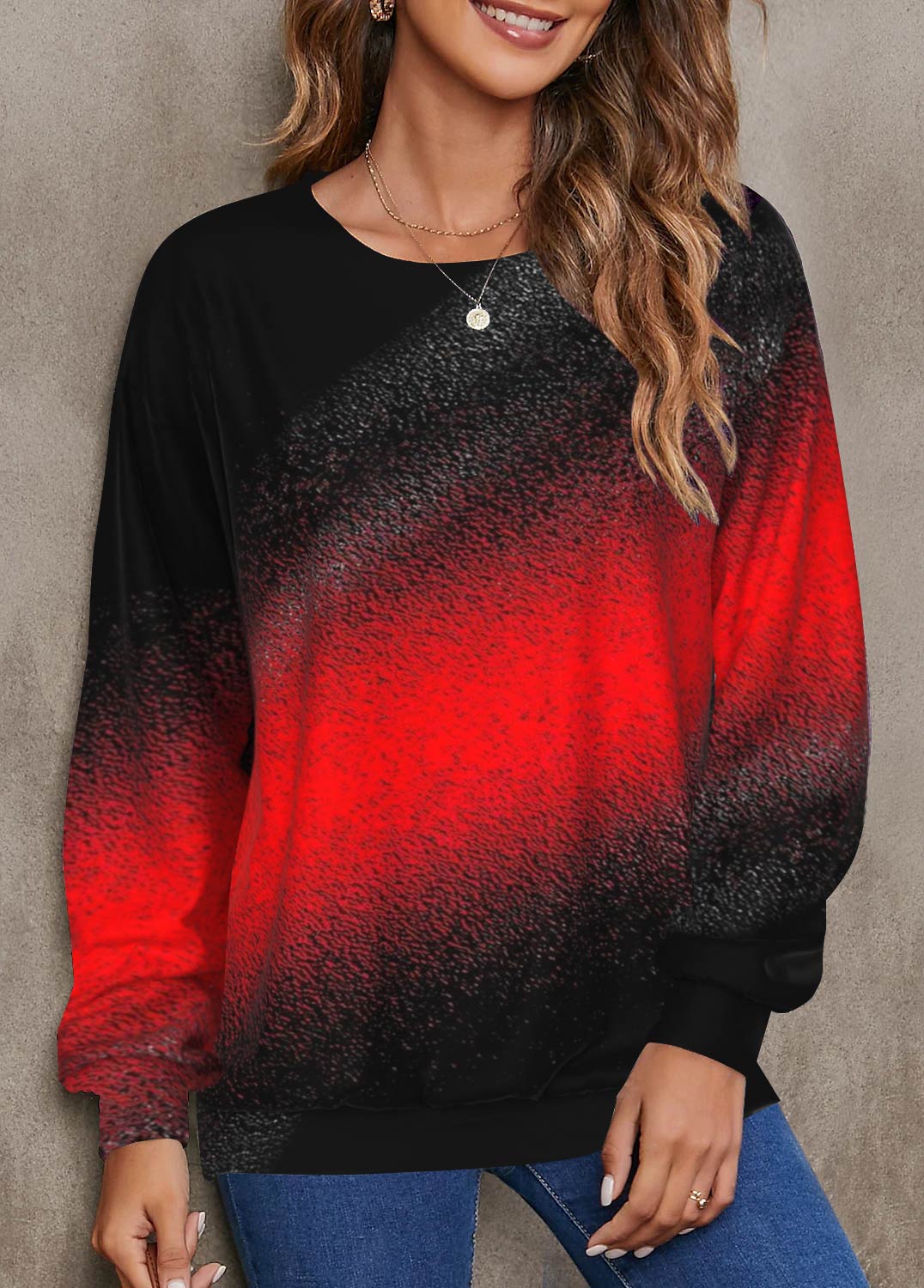 Ombre Round Neck Red Long Sleeve Sweatshirt
