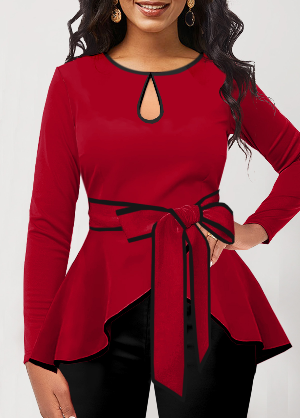 Contrast Binding Belted Red Round Neck T Shirt