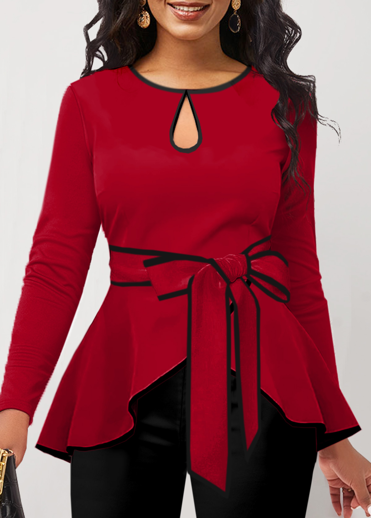 Contrast Binding Belted Red Round Neck T Shirt