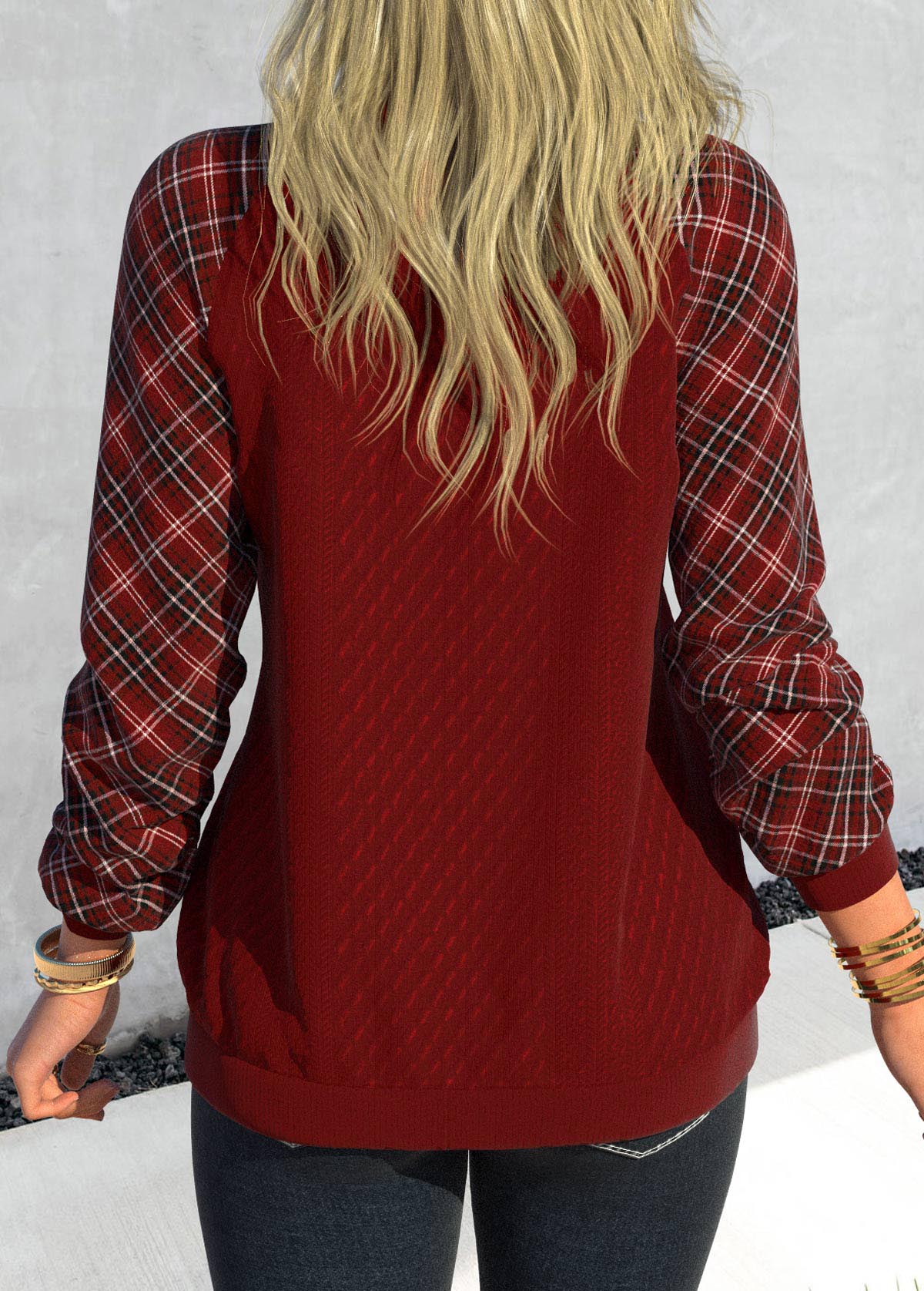 Plaid Patchwork Deep Red V Neck Sweatshirt