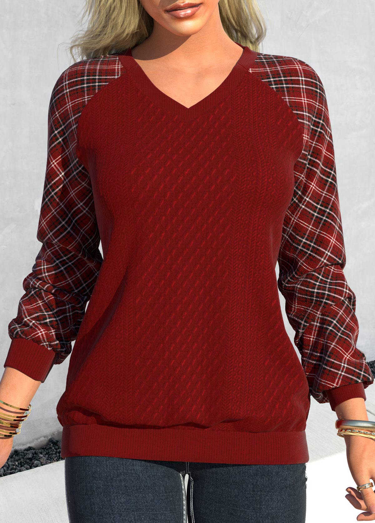 Plaid Patchwork Deep Red V Neck Sweatshirt