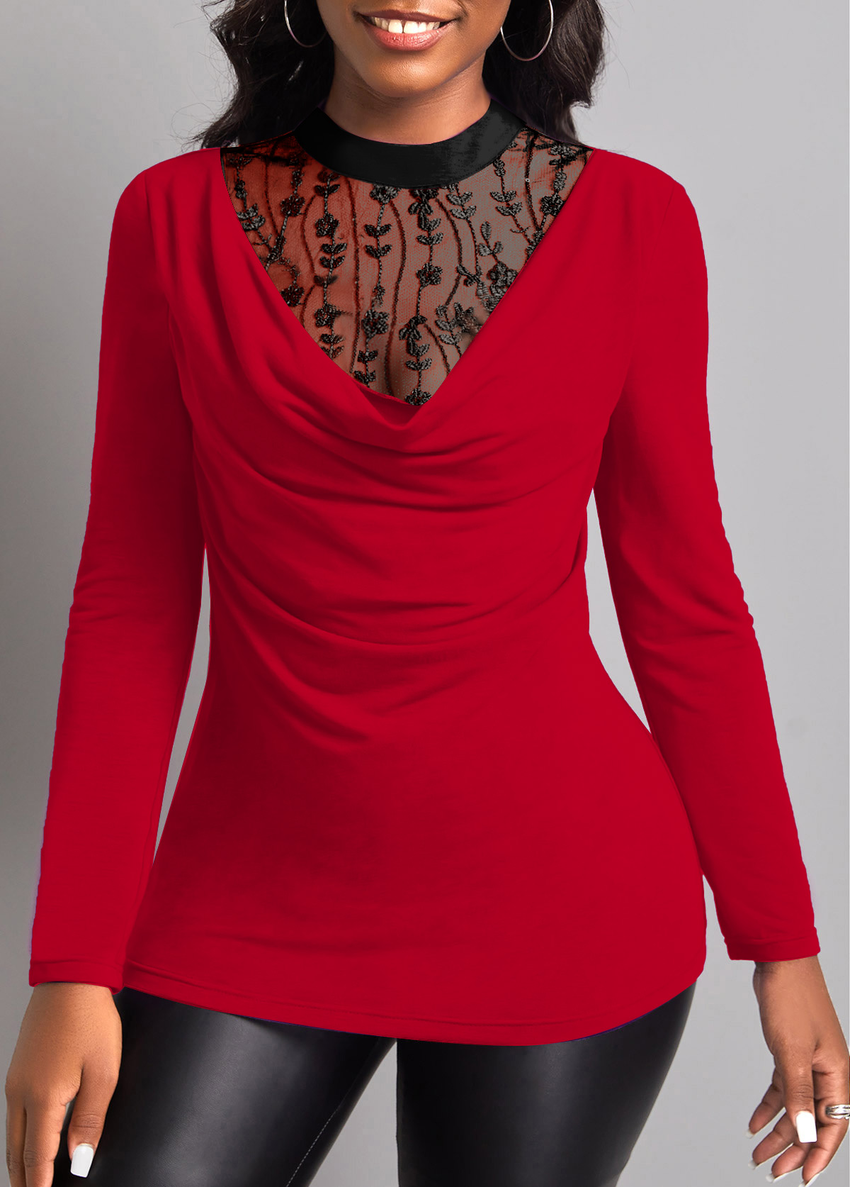 Fake 2in1 Lace Stitching Red T Shirt