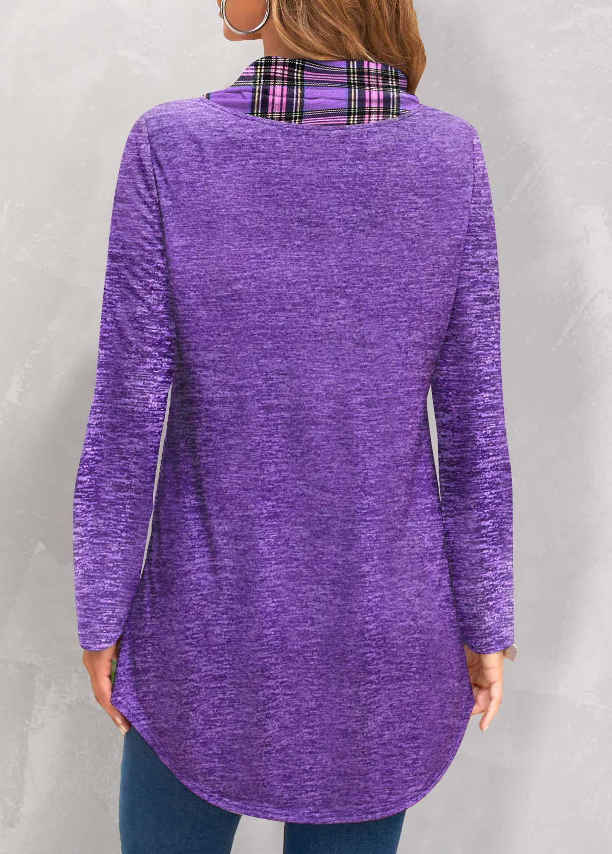 Plaid Patchwork Purple Cowl Neck Long Sleeve Sweatshirt