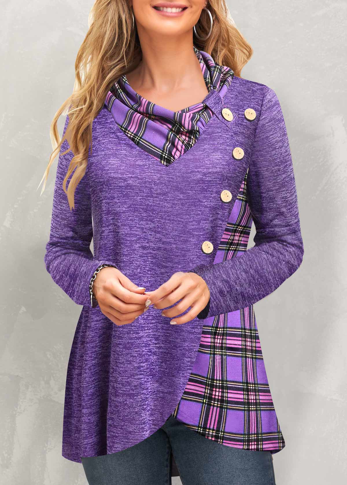 Plaid Patchwork Purple Cowl Neck Long Sleeve Sweatshirt
